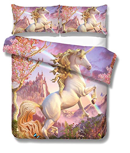 Bettwäsche Set Einzelbett 135x200 Kind Mädchen Creative 3D Märchenwelt Fantasy Schloss Weißer Pegasus Einhorn Karikatur Bettbezug Feuchtigkeitsfest Weich und atmungsaktiv von Stillshine