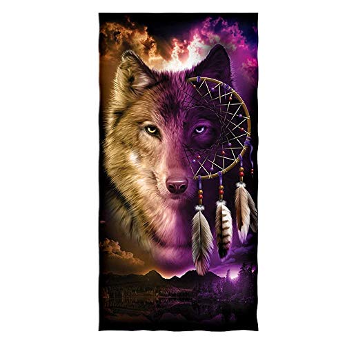 Große Strandtücher XXL Badetuch Schnell Trocknend Wasseraufnahme Extra Microfiber,3D Wolf Mond Traumfänger Motiv Handtuch Kinder Jugend Herren Erwachsene Kuscheldecke (lila braun,90 x 180 cm) von Stillshine.