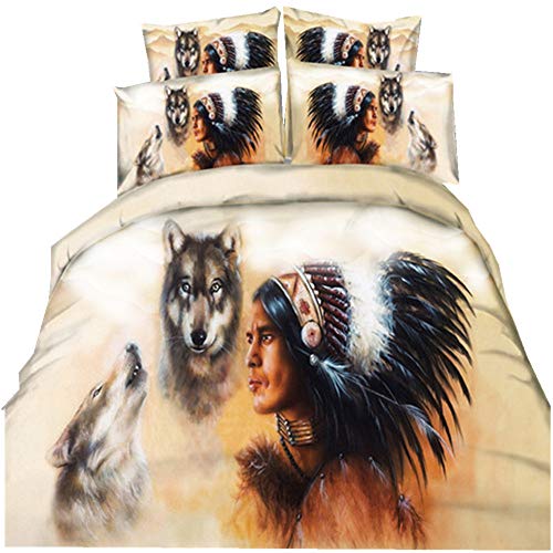 Stillshine Bettwäsche Set Bettbezug 3D American Indian Mann und Wolf Bettbezug + Kissenbezug mit Reißverschluss Weiß Bettwäsche dreiteilig (150x200cm) von Stillshine
