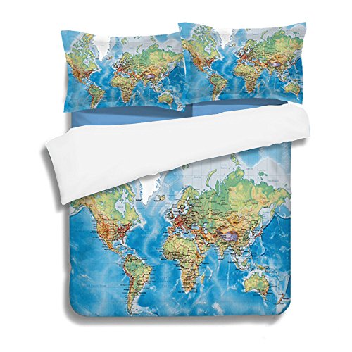Stillshine Weltkarte Bettwäsche Set Vivid Gedruckt Blau Bettbezug Set Super Soft Bettbezug mit Kissenbezug für Geschenk (Blau, 200x200cm) von Stillshine
