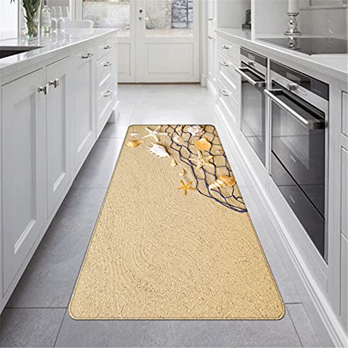 Teppich Läufer für Flur Küche Schlafzimmer Wohnzimmer 3D Sommertag Sandstrand Seestern Hülse Muster Läufer rutschfest Bad Teppiche Weich und Waschbar Lange Fußmatten (Farbe 1,80×160 cm) von Stillshine.