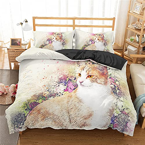 Tier Quilt Bettbezug Set Katze Hund Schmetterling Porträt Pelzkopf Kätzchen Familie Miau Haustier Zeichnung Dekoratives 3-teiliges Bettwäsche-Set mit 2 Kissenbezügen 50x75cm (Farbe Katze,135x200cm) von Stillshine.