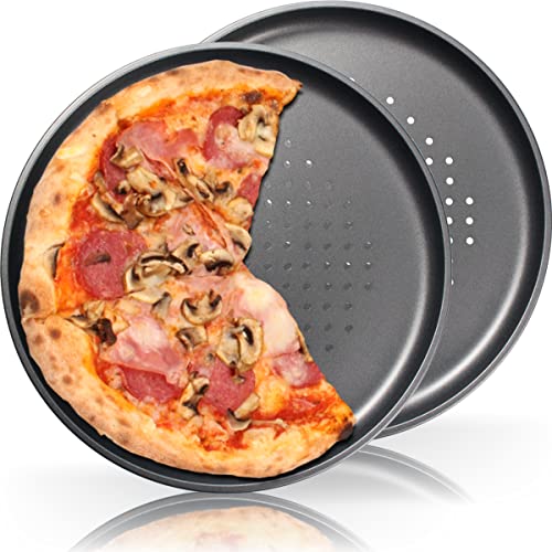 2X Pizzablech ∅ 32 cm Rund, gelocht und antihaft beschichtet für Pizza & Flammkuchen Knusperblech (2er Set) von Stimo