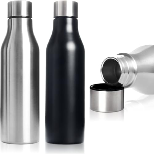 2er SET Trinkflasche 450ml Edelstahl isoliert doppelwandig Vakuumflasche Isolierflasche Sportflasche (2er SET Schwarz+Silber) von Stimo