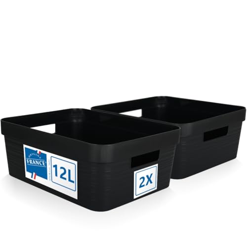 2er Set Aufbewahrungsbox 12L Aufbewahrungskorb Kunststoff Ordnungsbox mit Griffen für Badezimmer Regal Organizer Box (Schwarz, 2er Set 12L) von Stimo