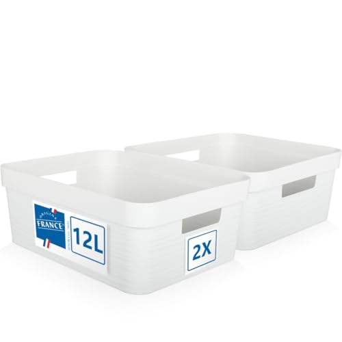 2er Set Aufbewahrungsbox 12L Aufbewahrungskorb Kunststoff Ordnungsbox mit Griffen für Badezimmer Regal Organizer Box (Weiß, 2er Set 12L) von Stimo