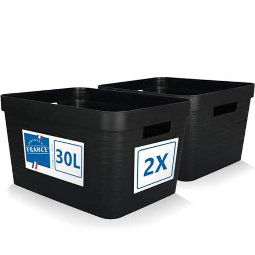 2er Set Aufbewahrungsbox 30L Aufbewahrungskorb Kunststoff Ordnungsbox mit Griffen für Badezimmer Regal Organizer Box (Schwarz, 2er Set 30L) von Stimo