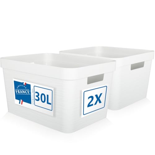 2er Set Aufbewahrungsbox 30L Aufbewahrungskorb Kunststoff Ordnungsbox mit Griffen für Badezimmer Regal Organizer Box (Weiß, 2er Set 30L) von Stimo
