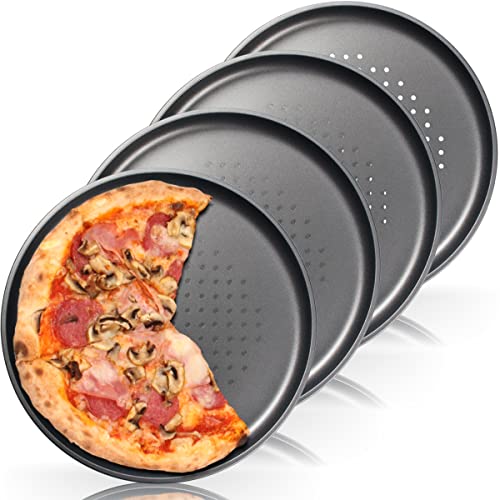 4x Pizzablech ∅ 32 cm Rund, gelocht und antihaft beschichtet für Pizza & Flammkuchen Knusperblech (4er SET) von Stimo