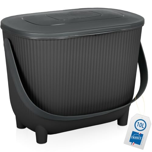 Premium Komposteimer 10L Küche Biomüll Behälter Bio Mülleimer mit Deckel und Aktivkohlefilter (Schwarz/Dunkelgrau) von Stimo