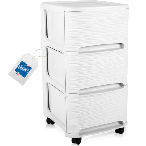 Schubladenschrank mit Rollen Rollcontainer mit 3 Schubladen Rollschrank Kunststoff Rollwagen (Weiß) von Stimo