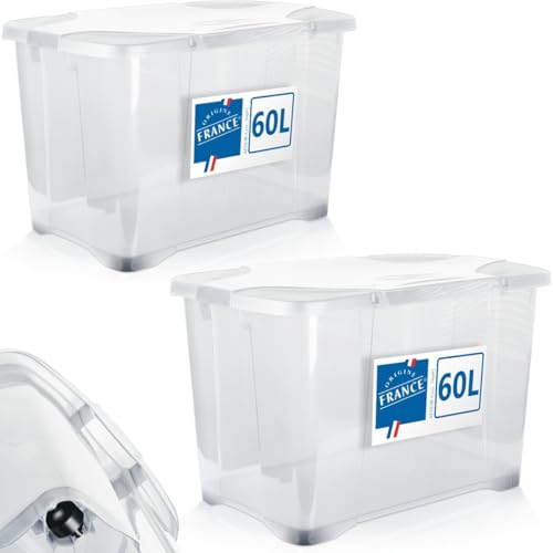 Stimo 2x 60L Aufbewahrungsbox mit Deckel und Rollen große Box rollbar (Transparent) von Stimo