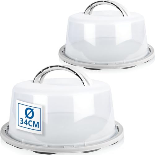 Stimo 2x Kuchen Transportbox rund mit Tragegriff Tortenhaube Kuchenbehälter mit Klickverschluss (Pastell-Grau) von Stimo