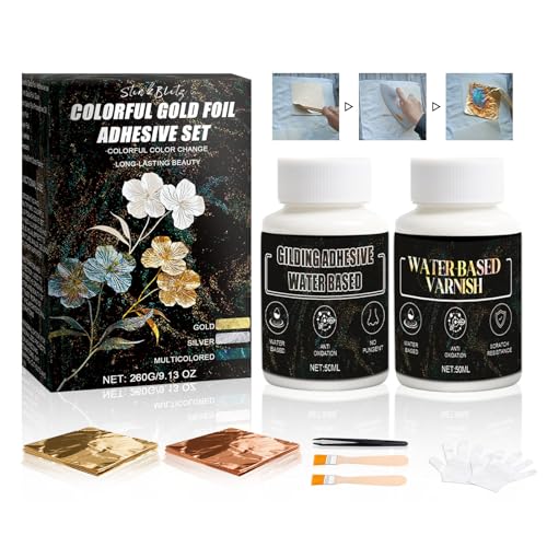 StinkBlitz Blattgold Kleber, Anlegemilch für Blattgold, Blattgold Kintsugi Kit mit Farbwechsel Effekt 50ml Kleber Schutzöl inklusive 10 Blattgold und Kupferfolien für DIY Bastler Kintsugi von StinkBlitz