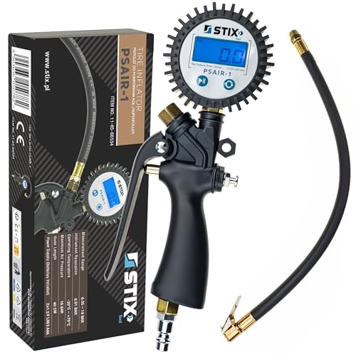 STIX PSAIR-1 Digitaler Reifenfüller mit LCD Manometer – 250 PSI Druckbereich, Gummischlauch, Schnellkupplung – Auto, Motorrad, LKW von Stix