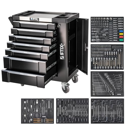 Stix UltimatePro A7/TS1 Werkstattwagen Werkzeugwagen mit 267 Cr-V Werkzeugen, 7 Schubladen, Edelstahl-Arbeitsplatte, Seitenschrank von Stix