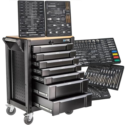 Stix UltimatePro C7/TS1 Werkstattwagen mit 267-tlg. Cr-V Werkzeugset, Werkzeugwagen auf Rollen, kugelgelagerte Schubladen, Holzarbeitsplatte von Stix