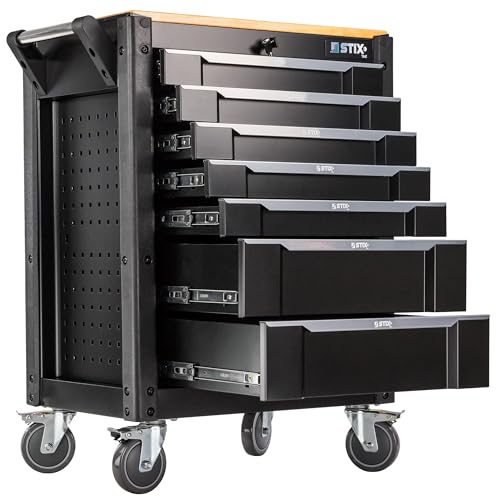 Stix Werkstattwagen UltimatePro C7 mit 7 kugelgelagerten Schubladen, stabilem Gummiholz-Arbeitsbereich, Lochblech-Seiten, abschließbar, mobil mit 4 Rollen von Stix