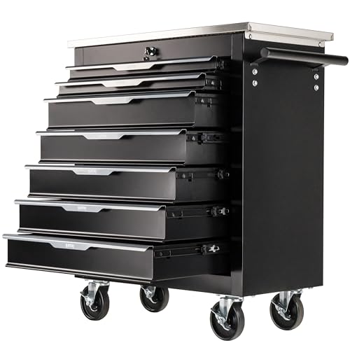 Stix Werkzeugwagen GarageGo P7 mit 7 Schubladen, Edelstahl-Arbeitsplatte, Zentralverriegelung, Werkstattwagen mit Rollen, abschließbar, schmal, mobil, für Garage & Profi von Stix