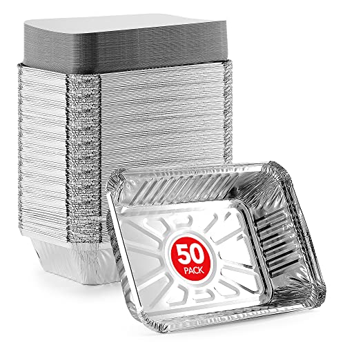 Aluminium-Pfannen zum Herausnehmen mit Deckel (50 Stück) 0.9 kg Einweg-Aluminiumfolie längliche Pfannen mit Kartonabdeckungen – To Go Lebensmittel-Aufbewahrungsbehälter zum Backen von Stock Your Home
