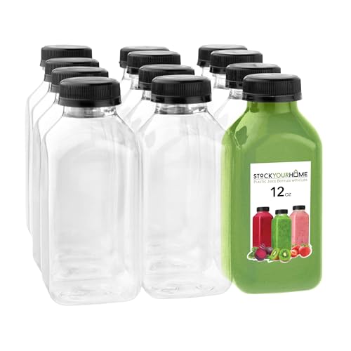 Saftflaschen mit Kappen für Entsafter und Smoothies, wiederverwendbare transparente Kunststoffflaschen mit Kappen, kleine Wasserflaschen, Großpackung 340 ml (12 Stück) von Stock Your Home