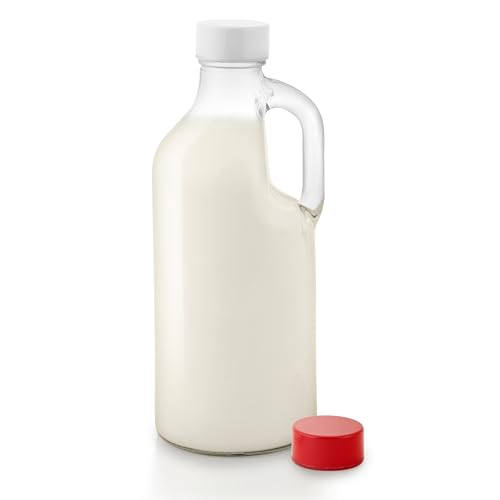 Stock Your Home Glas Milchflasche mit Deckel und Griff 40oz (1 Packung), 2 wiederverwendbare Kappen, Milchbehälter für Kühlschrank, Glas Saftflaschen, Wasser, Mandelmilch Aufbewahrungsflasche, Glas von Stock Your Home