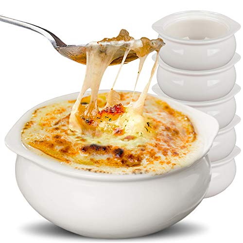 Stock Your Home Weiße französische Zwiebelsuppentöpfe (6 Stück) – ofenfeste französische Zwiebelsuppenschalen – Elfenbeinfarbene Keramik-Porzellan-Suppenschalen – spülmaschinenfeste Steingut-Töpfe für von Stock Your Home