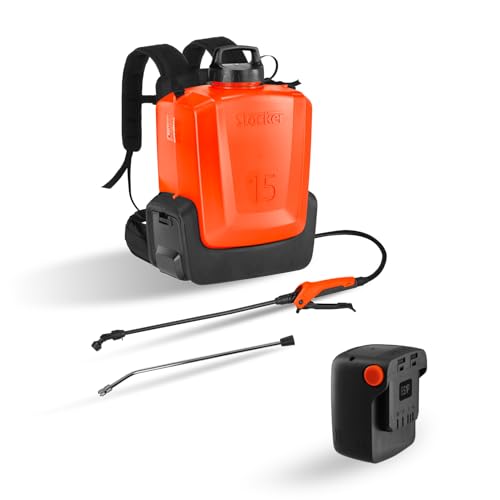 STOCKER - Kit elektrische Pumpe mit Rucksack 15 l mit Akku 21 V 2,6 Ah - Ergonomischer Zerstäuber für Garten und Landwirtschaft - Einstellbarer Druck 2,5-5 bar - 305 min Betriebsdauer von Stocker