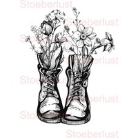 Zeichnung Stiefel Mit Blumen Schwarz Weiß Decalfolie Wasserschiebefolie Wasserfest, Transferfolie, Klebefolie, Fotokarton A7 Bis A4 von StoeberlustKreativ
