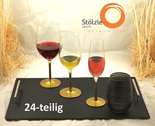 Stölzle Lausitz 24-teiliges Gläser-Set Gold mit je 6 Gläsern Rotwein Weißwein Champagner und Becher, Kristallglas, 250.616 von Stölzle Lausitz