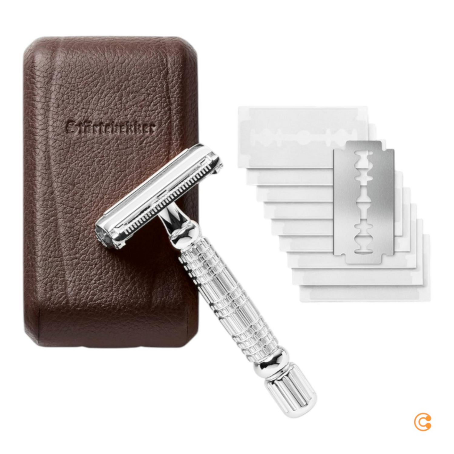 Störtebekker Rasierhobel Nassrasierer Rasierer 10 Klingen Etui + Spiegel Silber B-Ware von Störtebekker