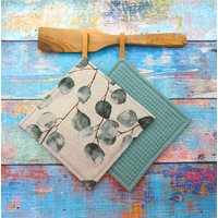 Topflappen 2Er Set, Küche, Kochen, Backen, Topflappen, Eukalyptus, Geschenk Freundin, Topflappen Grün, Topflappen Genäht, Küchenhelfe, Sommer von StoffherzleShop