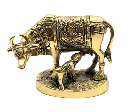 StonKraft Wunderschöne Glücksfigur - Nandi Kamadhenu Kuh - Hindu Figur Schwarze Kamdhenu Kuh und Heilige Kuh und Kalb Messing Skulptur - Hindu Lucky Figurine von StonKraft