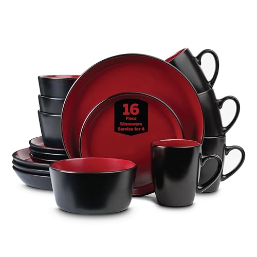 Stone Lain Albie Steinzeug-Geschirr-Sets 16-Piece Modern Rim Dinnerware Set, Rot Und Schwarz, 16 Teile, 4 Personen, Spülmaschinengeeignet, Mikrowellengeeignet von Stone Lain