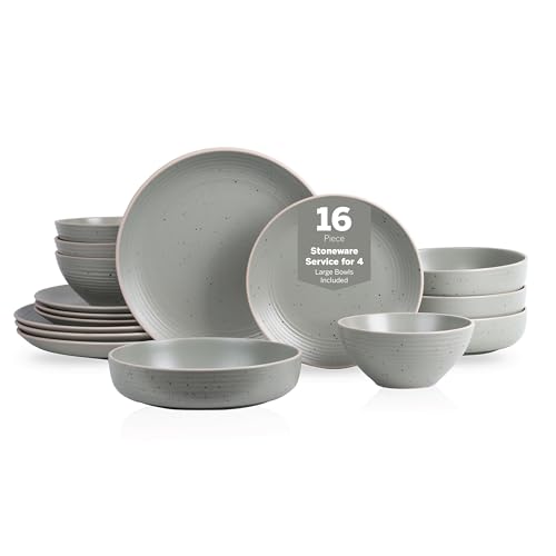Stone Lain Lauren Modern Stoneware 16-piece Round Dinnerware Set, Plates and Bowls Set, Dish set for 4, Green von Stone Lain