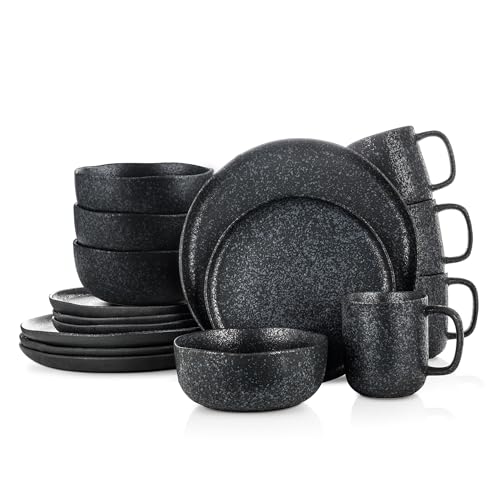 Stone Lain Tom Stoneware Reactive Glaze Geschirr-Set, 16-teilig, Schwarz-Weiß von Stone Lain