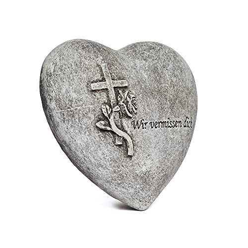stoneandstyle Grabschmuck, Grabstein Herz Wir vermissen Dich, massiver Steinguss, frostfest bis -30°C von stoneandstyle