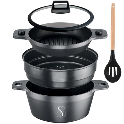 Stone&Stone Induktionskochset 24 cm | Dampfgarer + Grillpfanne + Dampfgarer für Lebensmittel mit 3 Ebenen stapelbar + Deckel aus gehärtetem Glas + Löffel Stone&Stone Induktionskochset 24 cm | Dampfgarer + Grillpfanne + Dampfgarer für Lebensmittel mit 3 Ebenen stapelbar + Deckel aus gehärtetem Glas + Löffel von Stone&Stone