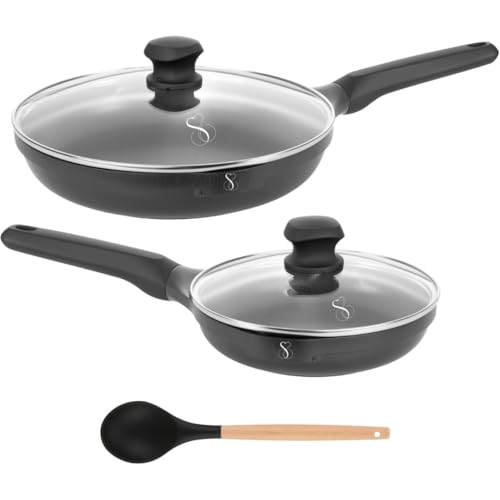 Stone&Stone Set mit 2 Pfannen 24 cm 28 cm extrem antihaftbeschichtet | Induktion Gas | Aluminium und Stahl Profi-Pfanne mit deutscher Beschichtung + 2 Deckel 2 Löffel | PFAS-frei Stone&Stone Set mit 2 Pfannen 24 cm 28 cm extrem antihaftbeschichtet | Induktion Gas | Aluminium und Stahl Profi-Pfanne mit deutscher Beschichtung + 2 Deckel 2 Löffel | PFAS-frei von Stone&Stone
