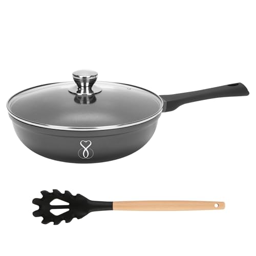 Stone&Stone Wokpfanne 30 cm | Induktions-Wok | Deutsche GREBLON C3+ Antihaftbeschichtung PFOA-frei | Edelstahlboden | Geeignet für Induktion, Gas & Ofen | Profi Wok spülmaschinenfest mit Glasdeckel von Stone&Stone