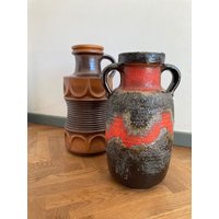 1 Von 2 Vintage Xl Vase Carstens Keramik/1960Er Jahre Rot & Schwarz Mid Century Brutalist Bodenvase 7914-45 7613-40 von StoneHouse1774