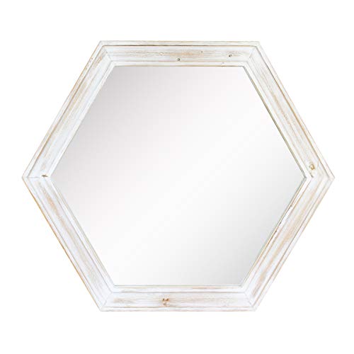 Stonebriar Decorative 24" Hexagon Hanging Wall Mirror with Worn White Painted Wood Frame and Attached Hanging Bracket von Stonebriar