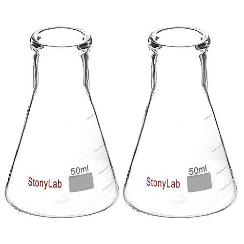 StonyLab 2-Pack Konisch Fläschchen Glas, 50ml Erlenmeyer Flasks Erlenmeyer Fläschchen Enghals-Erlenmeyerkolben mit Hochleistungsrand (50 ml, Passend für StonyLab 4# Gummistopfen) von stonylab