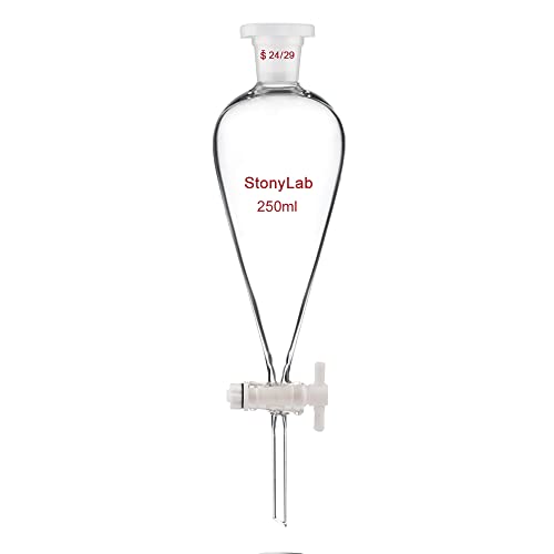 StonyLab Scheidetrichter Glas, Borosilikatglas 250ml Scheidetrichter Heavy Wall Conical Separatory Funnel Trichter mit Glas Absperrhahn 24/29 Gelenk und PTFE-Absperrhahn - 250ml von stonylab