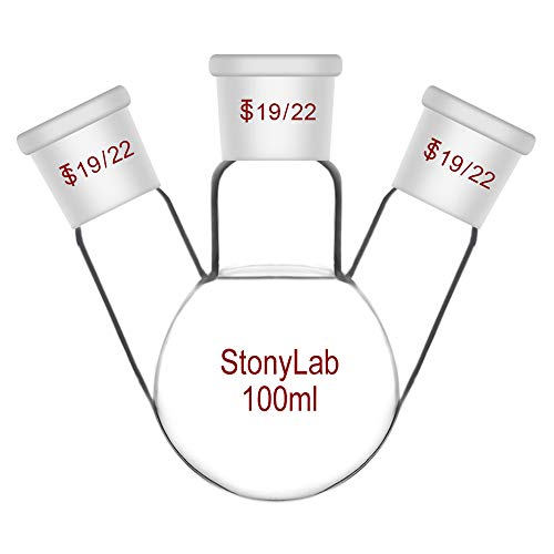 StonyLab 3 Hals Flask Rundkolben, Runde Boden Flask Borosilikat Glas Dreihalskolben Rundkolben RBF mit 19/22 Standard Taper Outer Joint, 3 Neck Round Bottom Flask - 100 ml von stonylab