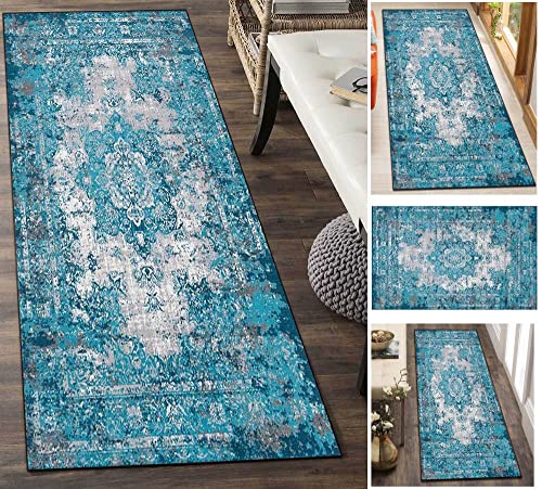 Stootrel Teppich Läufer rutschfest Blau 60X330cm Korridor Teppich,Flur Läufer Teppich Moderne Teppichläufer Schlaffzimmer Küche Teppiche,Waschbare Pflegeleicht von Stootrel