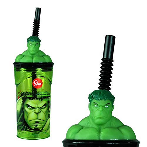 The Hulk 3D-Figuren-Becher aus Kunststoff mit flexiblem Strohhalm, 360 ml, 7 cm Durchmesser x 14 cm Höhe, stabiler Trinkbecher. von Stor S.L.