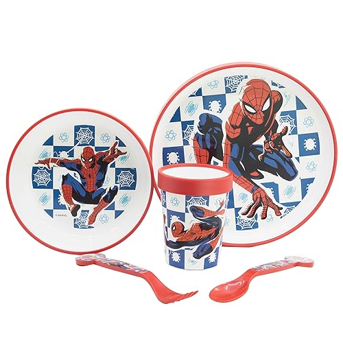 5-TEILIGES KINDERGESCHIRR MIT RUTSCHFESTEM BODEN. TELLER, SCHÜSSEL, 260ML GLAS UND BESTECK. BPA-FREI | SPIDERMAN ARACHNID GRID von Stor