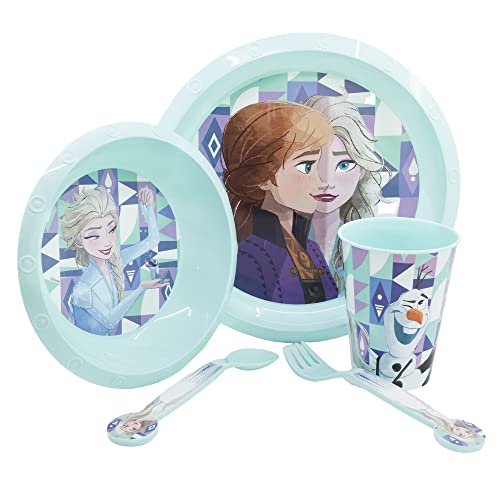 5-TEILIGES KINDERGESCHIRRSET. TELLER, SCHÜSSEL, 260ML GLAS UND BESTECK. BPA-FREI | FROZEN ICE MAGIC, Blau von Stor