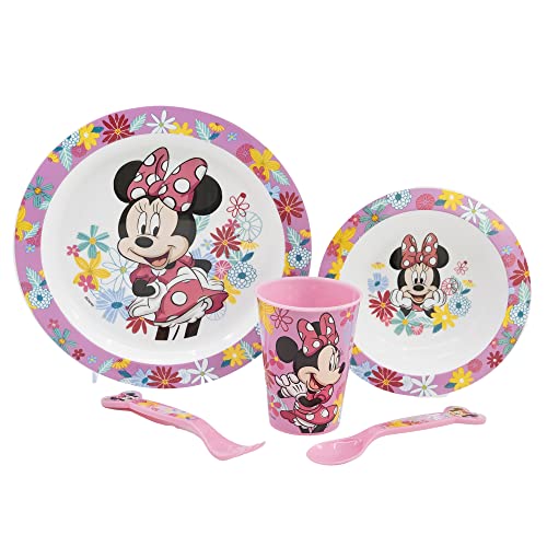 5-TEILIGES KINDERGESCHIRRSET. TELLER, SCHÜSSEL, 260ML GLAS UND BESTECK. BPA-FREI UND MIKROWELLENGEEIGNET. | MINNIE MOUSE MOUSE SPRING LOOK, Bunt von Stor